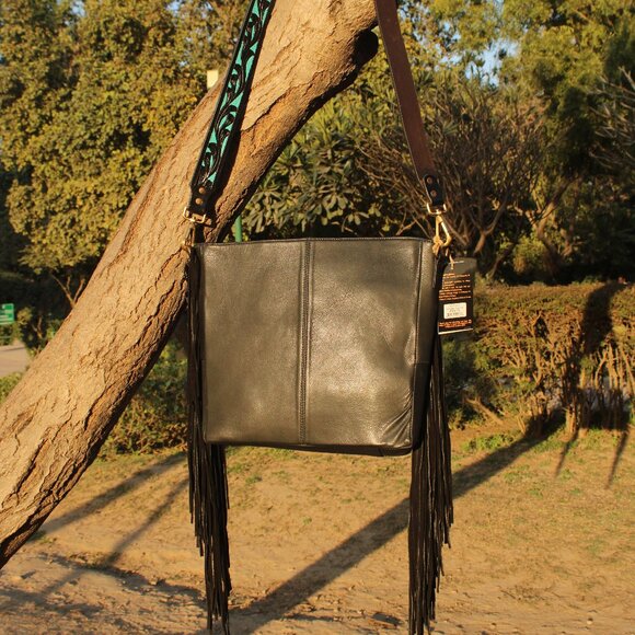 Western Fringe Purse, Tooled Cowhide Tote Bag with Detachable Crossbody Strap - Picture 4 of 11